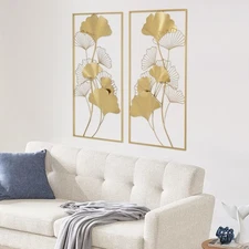 2 Packs Art Wall Sculpture Ginkgo Leaves Wall Decor Golden Wall Decor with Frame