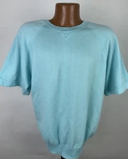 Vintage 80s 90s Short Sleeve Sweatshirt L V-stitch Raglan Baby Blue Aquamarine 