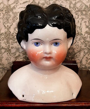 Antique China Doll Head Bust With Black Hair And Blue Eyes