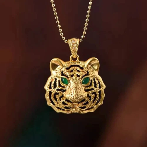 18K Solid Gold Agate Inlay Pendant Tiger Head Zodiac Charm Jewelry - Picture 2 of 9