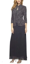Alex Evenings Women’s Long Dress with Mandarin Neckline Jacket Smoke Size 10