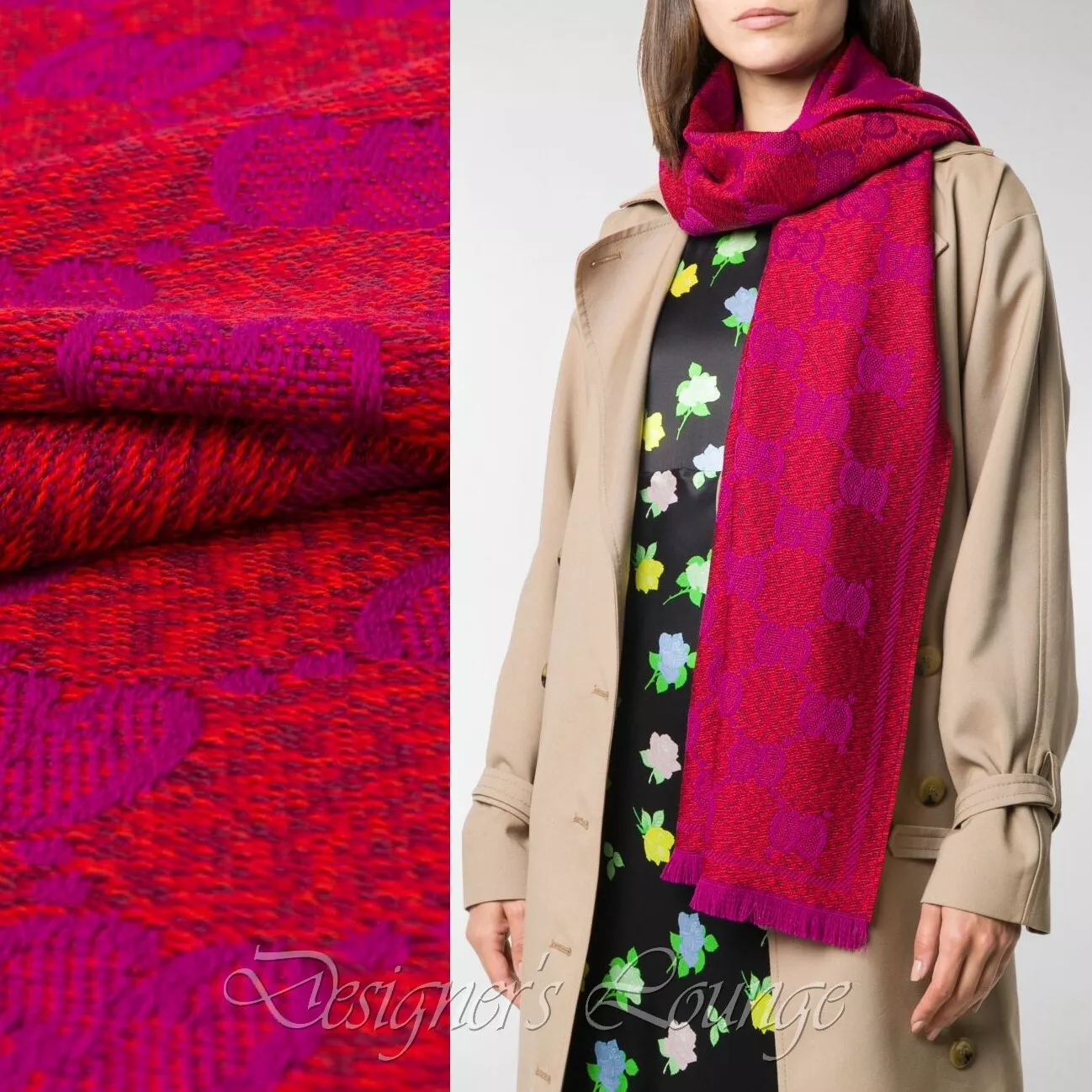 Echarpe neuve en laine jacquard GUCCI GG rouge et rose authentique