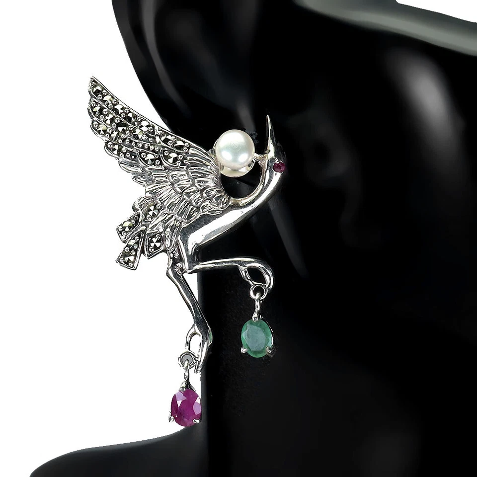 925 Sterling Silver Earrings Oval Ruby Emerald Pearl Natural Gemstone Jewelry - Image 2 of 4