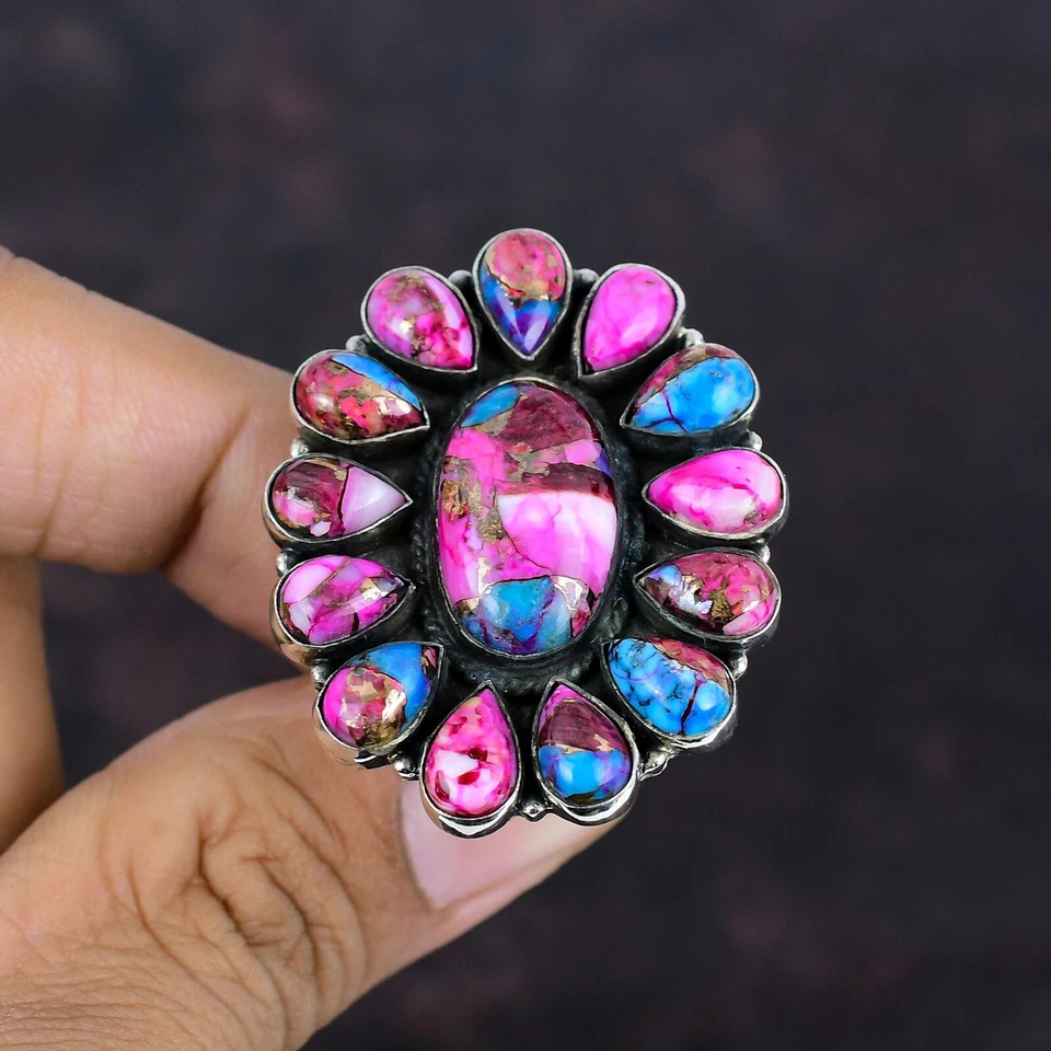 Southwestern Jewelry Kingman Pink Dahlia Turquoise Gemstone Navajo Ring For Her - Image 2 of 4