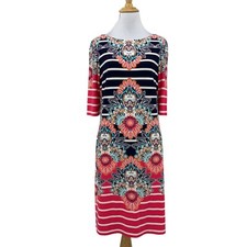 Eliza J Shift Dress Womens 8 Short Sleeve Floral Stripe Back Zip Lined Stretch