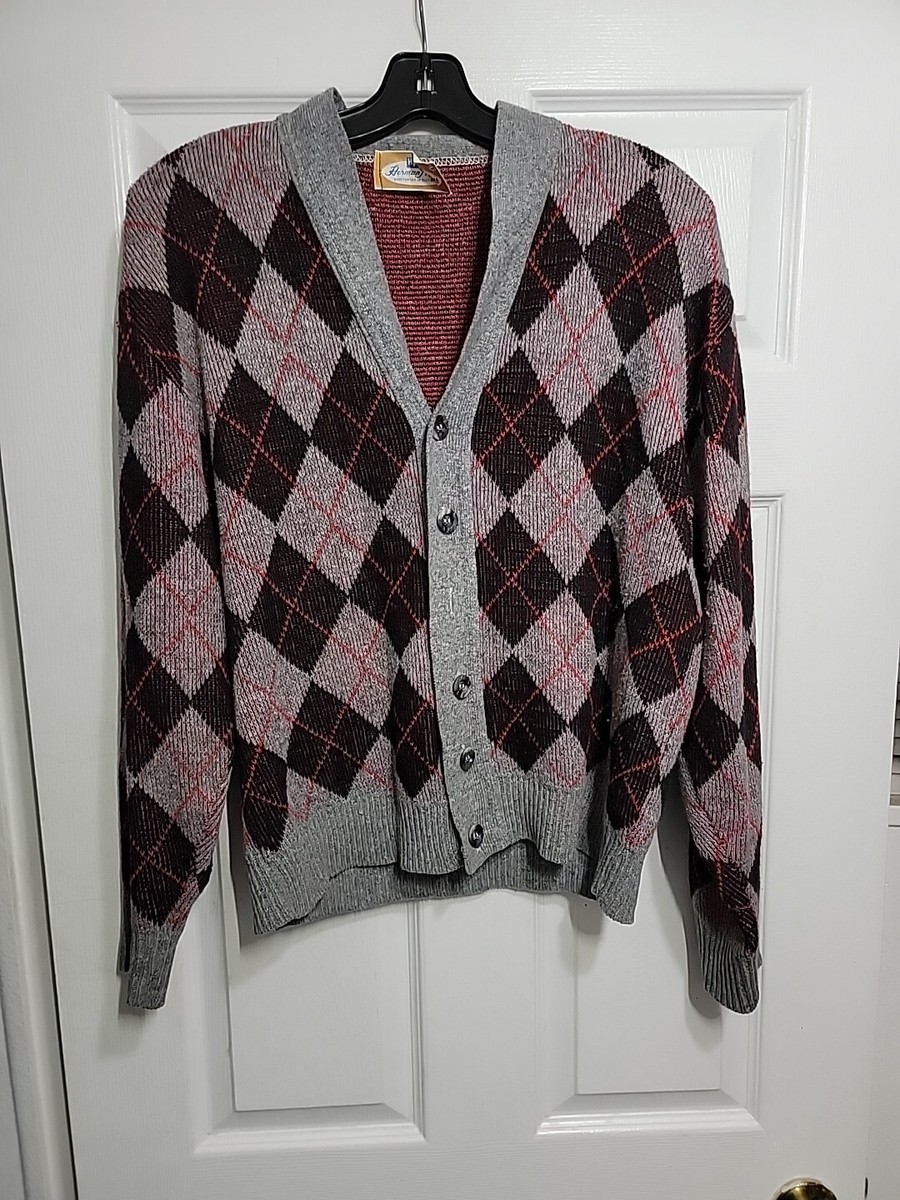 Herman Phillips Vintage Mens Size M Argyle Wool Knit cardigan
