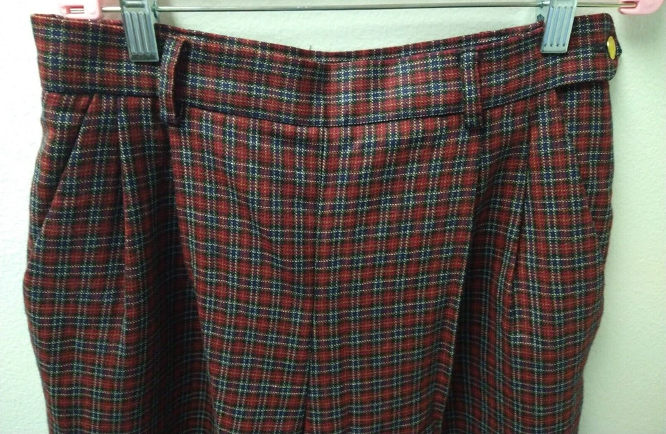 Vintage Liz Claiborne Wool Trousers Pants Womens 8 Red Plaid Pleated 28" Waist - Image 2 of 4