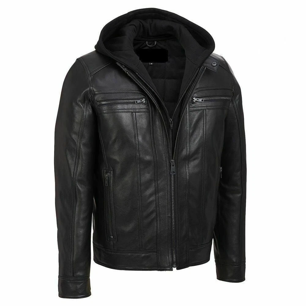 Men's Black Hooded Biker Jacket Real Lambskin Leather Jacket with Removable Hood