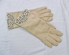 Leather Gloves Lined-Luxury seed Pearls/Gold bead Trim Womens sz XL-VINTAGE