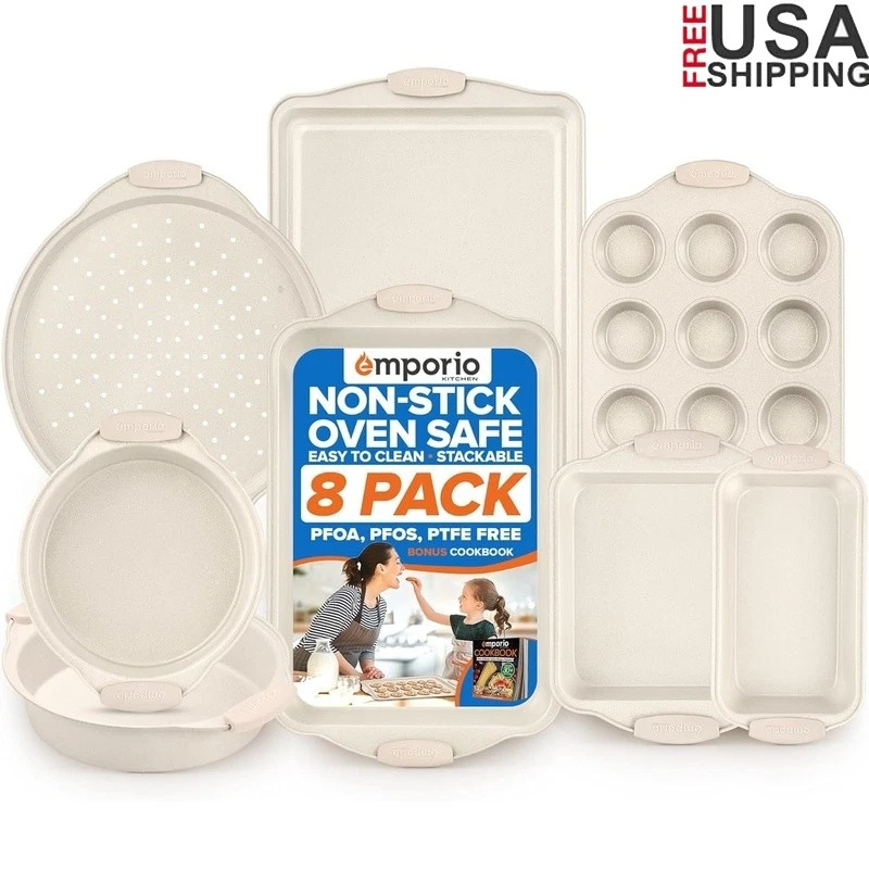 Nonstick Baking Pan Set 8 Piece Carbon Steel Bakeware Oven Safe Silicone Handles