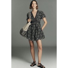 New Anthropologie Maeve Cotton Lace V-Neck Mini Dress $228 MP MEDIUM PETITE B&W