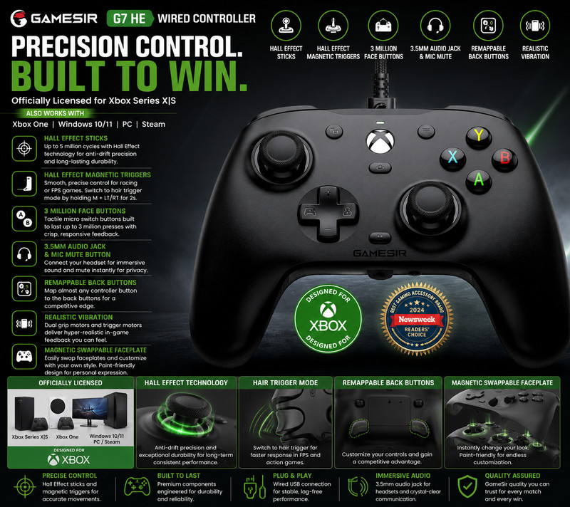 GameSir G7 HE Wired Xbox Controller Hall Effect Joystick Black PC Steam Black