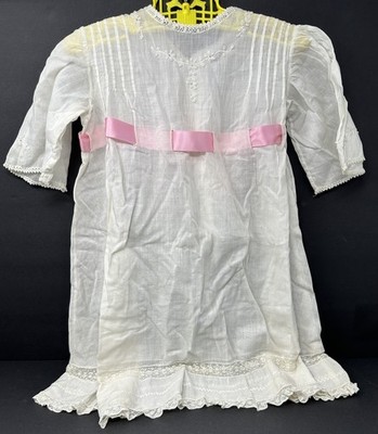 VTG Victorian Large Doll Infant Dress Gown with Embroidery Lace & Pink Ribbon