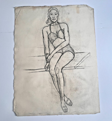 Art Charcoal Pencil Female Sketches, 1948 Expressionism Study, MID CENTURY