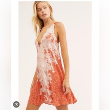 Intimately Free People Slip Dress Womens Small Orange Floral Lace Shabby Chic