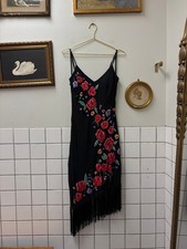 Vintage Sue Wong Black Silk Midi Dress with Floral Embroidery and Fringe