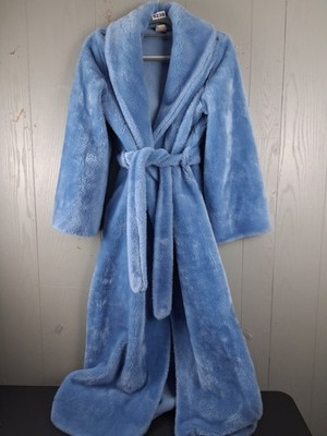 Vintage PLUSH BORG Robe M Blue Furry Tie Waist Hollywood Glam Wide Sleeves 70s