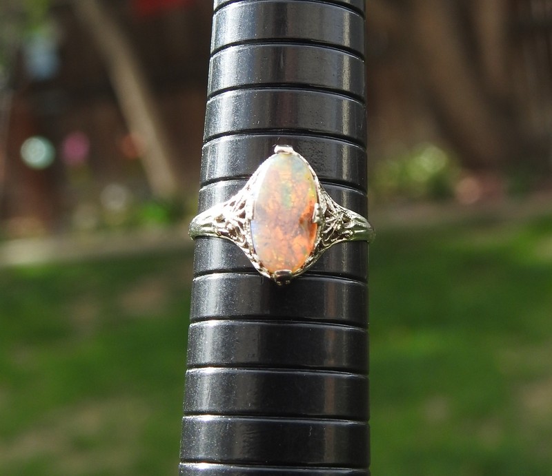 Edwardian 14K White Gold Solid Oval Opal Ring with Filigree Band Sz 7  5.4grams