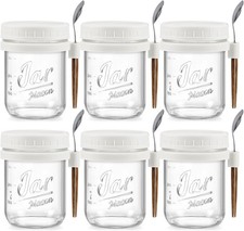 6 Pack Overnight Oats Containers with Lids and Spoons, 16 oz Glass White