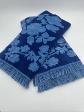 2 Vintage Cannon Royal Family Floral Print Bath Towels Fringe Blue MCM EUC