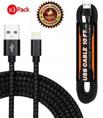 3-Pack 10FT Fast Charging Braided USB to Lightning MFi-Certified Cable iPhone