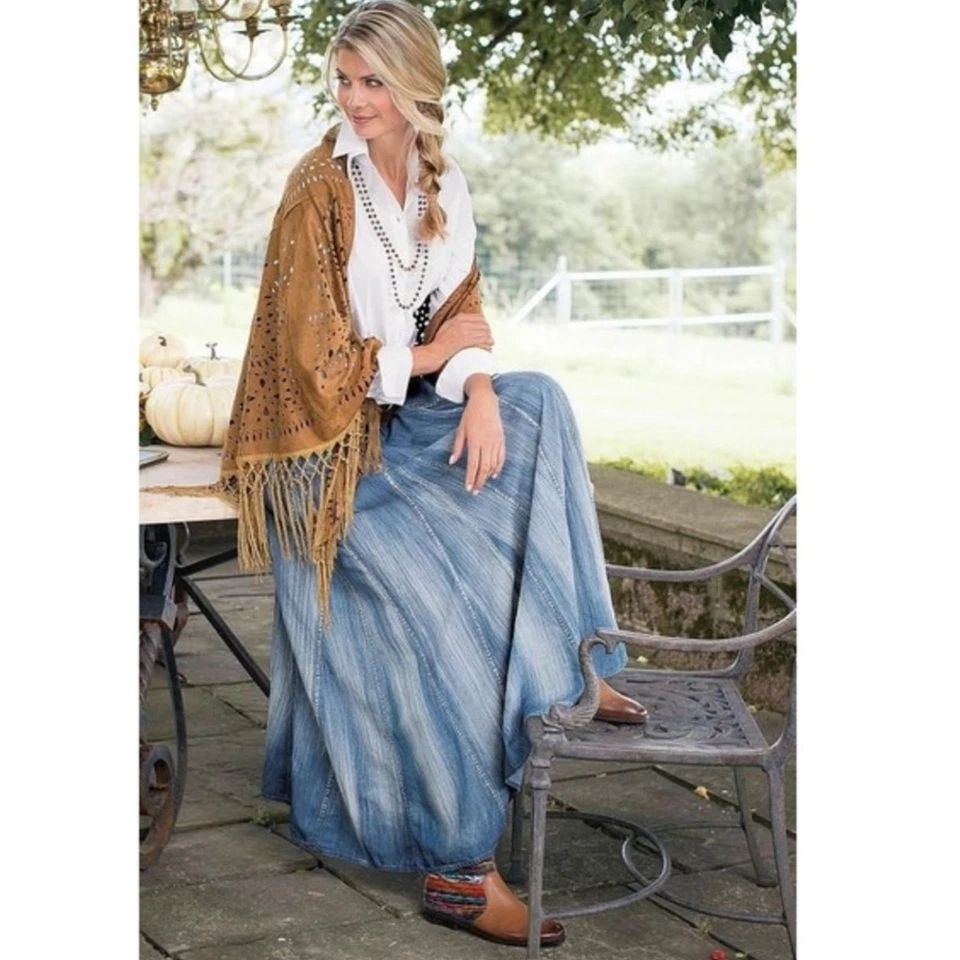 Falda midi Soft Surroundings Silverton arrugada cambray XL azul pequeño Foto 2 de 4