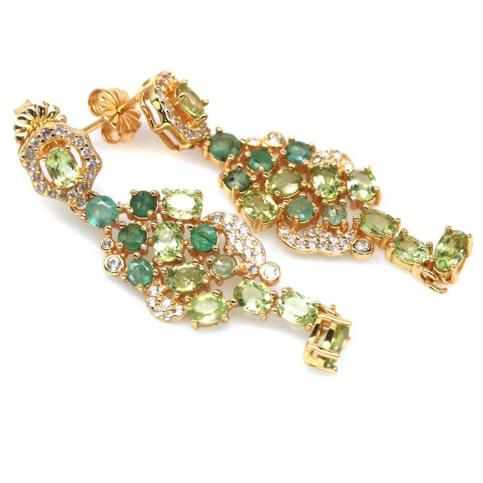 Thailändische Handgefertigte 3 X 5 Mm Grüne Peridot, Smaragd & Zirkon Ohrringe - Bild 2 von 4
