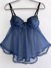 Victoria's Secret Blue Underwire Embroidered Mesh Babydoll Lingerie Chemise 34D