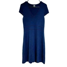 W by Worth 100% Wool Navy Blue Sweater Dress Mock Waist V Neck size M