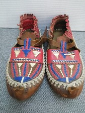 vtg. Native American Handmade Leather braided multicolor Moccasins slip-on