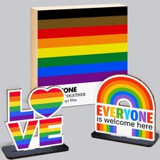 LGBTQ Gay Pride Flag Desk Decor - 3 Pcs Rainbow and Love Wood Box Sign Set fo...