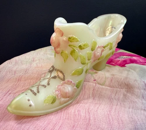 Fenton Cabbage Rose Iridescent Milk Glass Slipper w/ Gold Accents