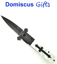 9" NEW! FALCON White Pearl POCKET Knife CROSS Gothic FOLDING Knives KS3004BWT