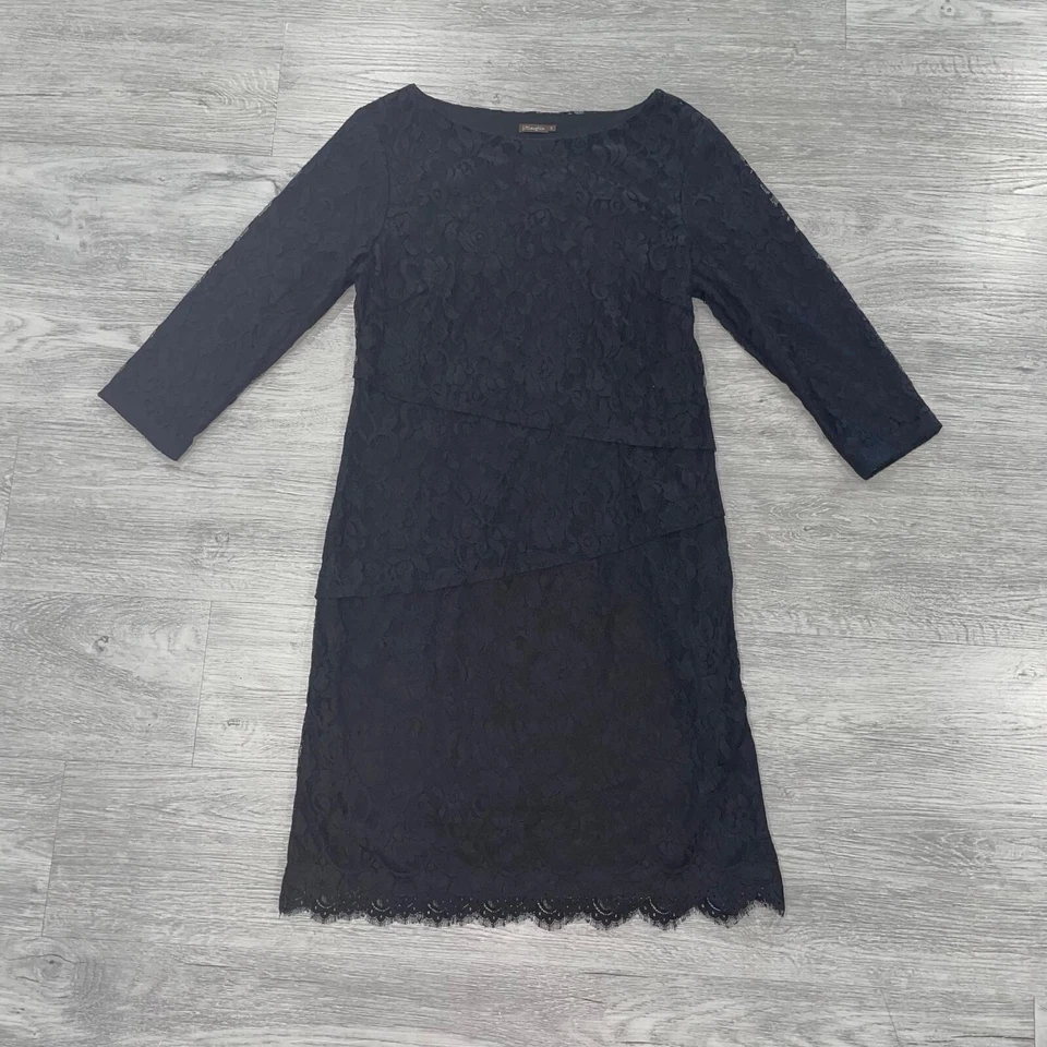 Vestido Vaina J. Mclaughlin Para Mujer Talla 8 Cuello Barco Manga 3/4 Encaje Negro Foto 3 de 4