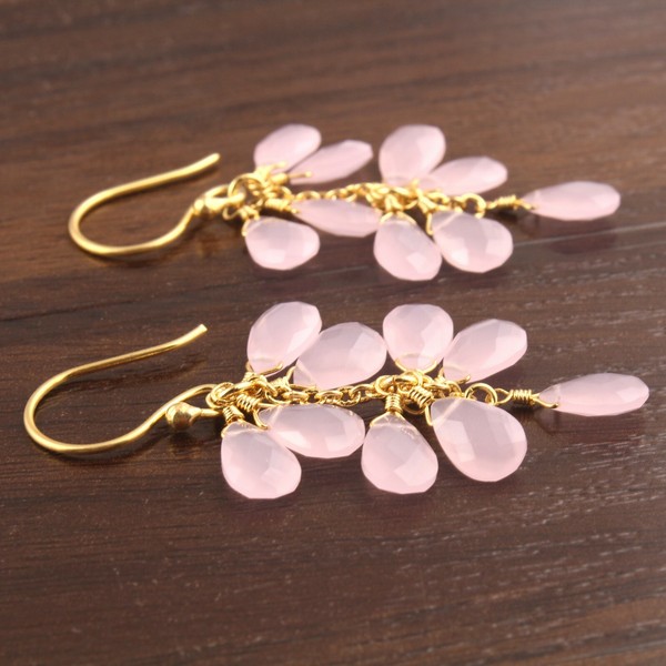 Alternate view of Drop Shape Chalcedony Opalite Yellow Gold Plated Drop Dangle Grapes Earrings