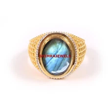 Natural Labradorite Gemstone With Gold Plated925 Sterling Silver Men's Ring #992