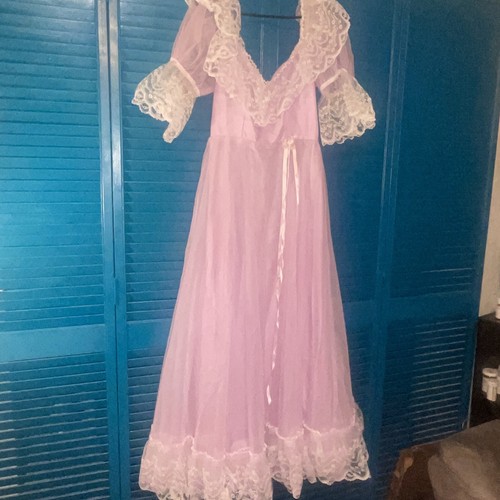 Vtg 70s Dance Allure Womens Chiffon Maxi Dress 12 Lace Lilac Bows Peasant Fairy - Picture 8 of 10