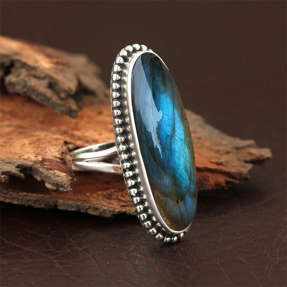 Anello Cristallo Labradorite Argento Sterling 925 Boho Sorpresa Gioielli da... - Immagine 2 di 3