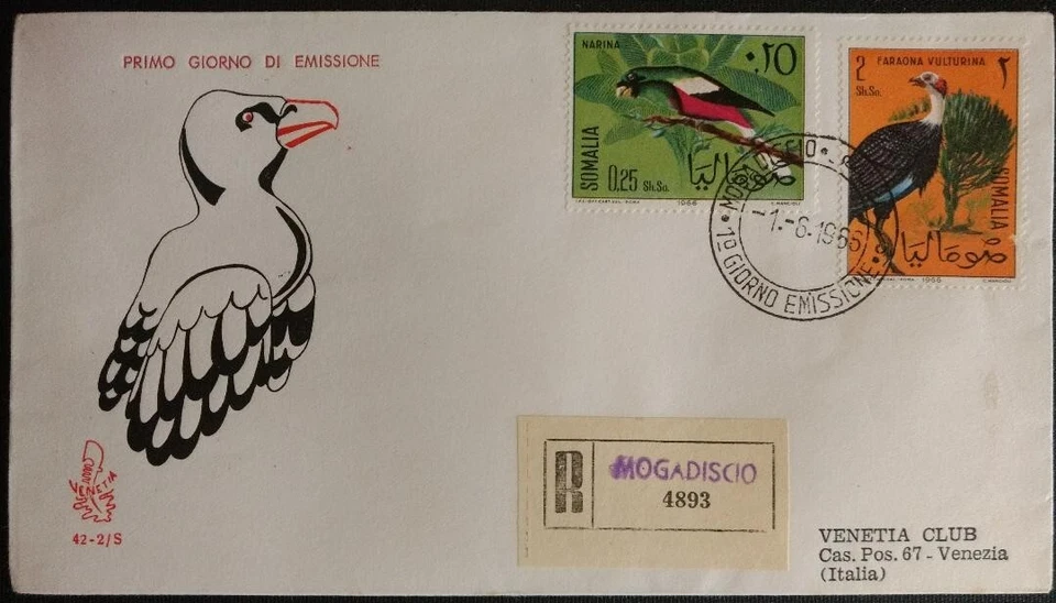 146.SOMALIA 1966 CONJUNTO/2 SELOS PÁSSAROS USADOS REGISTRADOS FDC - Imagem 2 de 2