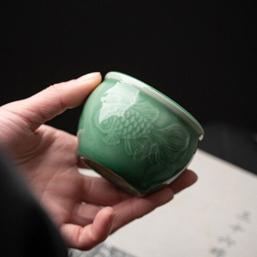 3.4oz China Longquan Celadon Porcelain Tea Cup Master Cup Ceramic Fish Carved - Picture 1 of 10