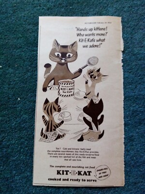 El27  Ephemera 1954 advert kit e kat hands up kittens 
