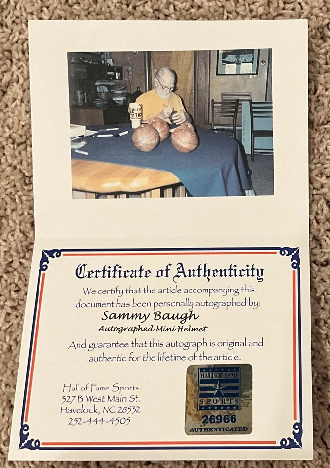 Minicasco de cuero firmado por Sammy Baugh y foto de la firma de los NFL Redskins - Certificado de autenticidad HoF Foto 3 de 4