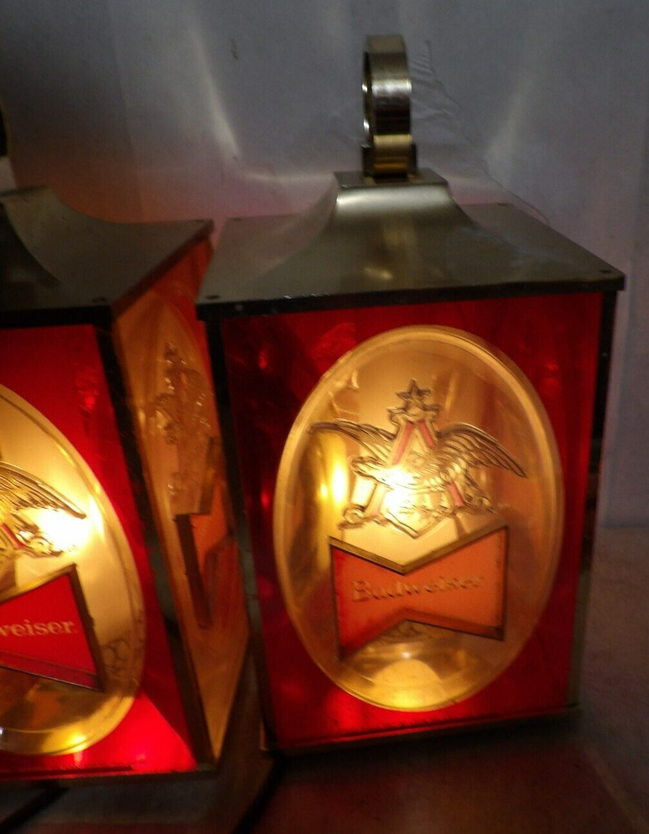 VTG 1968 Budweiser Beer Pair Hanging Square Coach Lights Lamps
