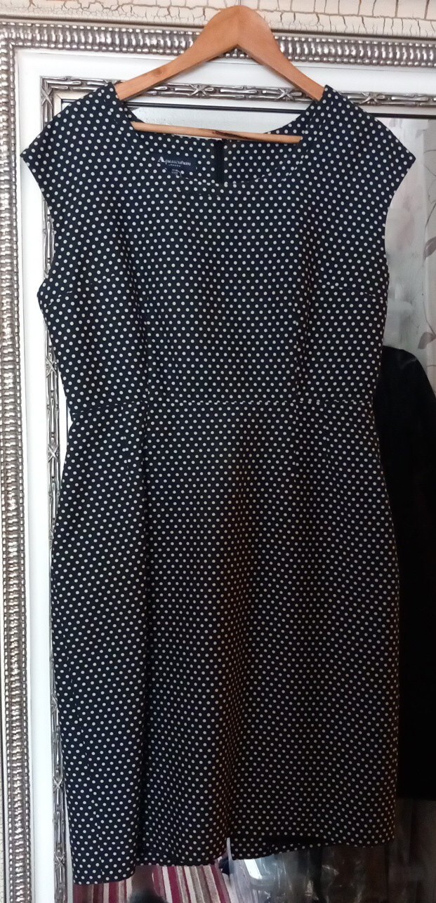 AQUASCUTUM Ladies Smart Navy Polka Dot Cotton Blend Lined Work Office Dress UK14