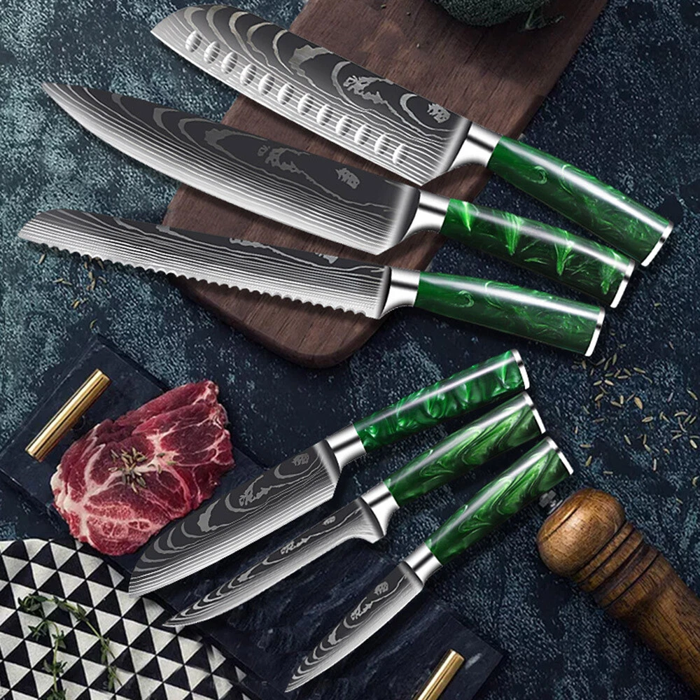 Kitchen Chef Knife Set Japanese Damascus Pattern Sharp Cleaver Knives Tool  Green