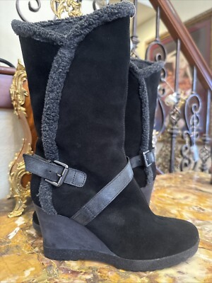 Aquatalia by Marvin K Women's 9 39 Saphire Black Suede Wedge Heel Calf Boot $295