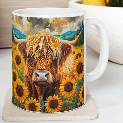 Sonnenblume Highland Kuh lustig süß 11 Unzen Keramik Kaffeetasse Geschenk süß lustig
