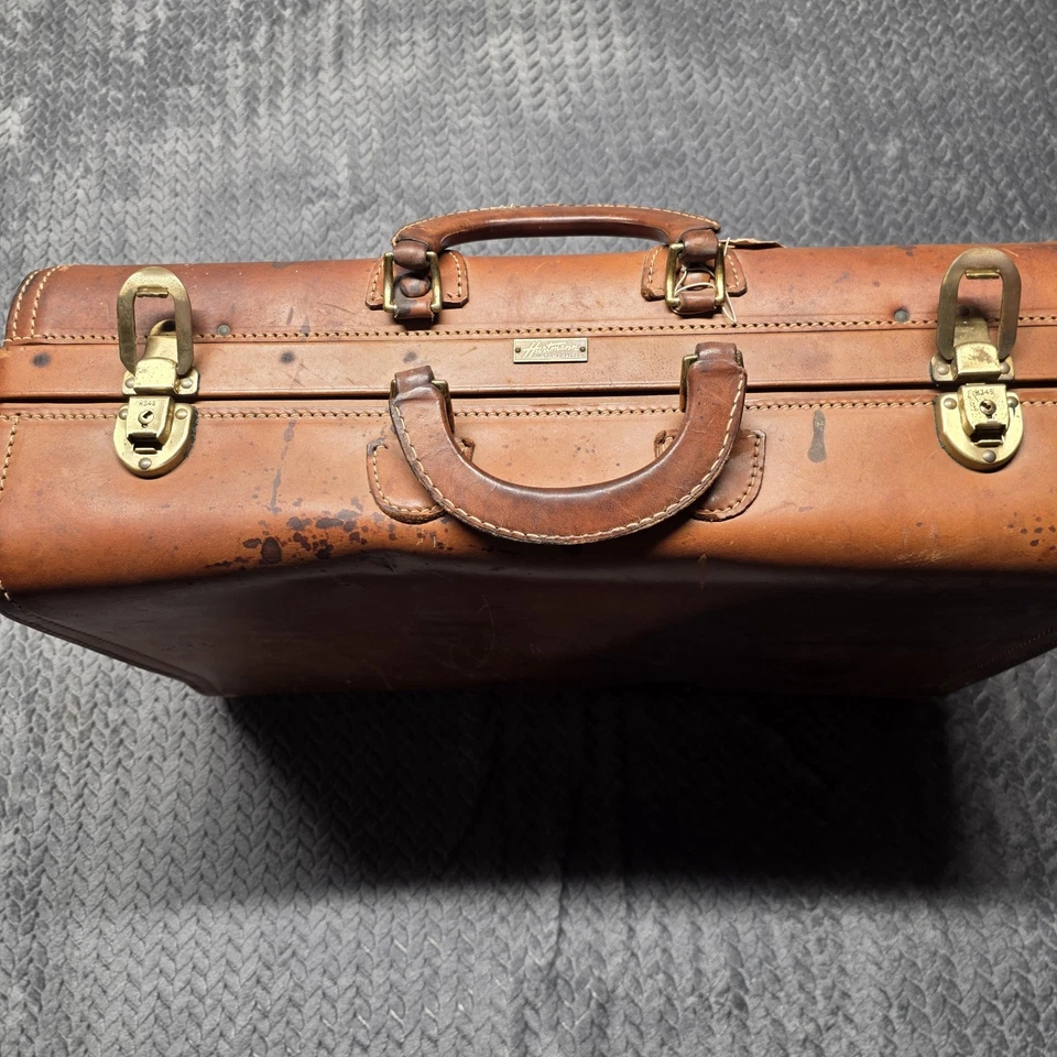 VTG Hartmann Custom Crafted Leather Suitcase Brown Brass Hardware Travel Luggage - Image 3 of 4