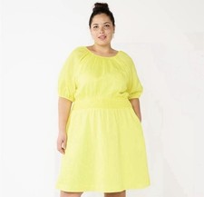 Boho plus size yellow midi dress with elastic waist, cotton crinkle material 2X