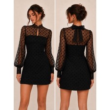 Sheer Black Flocked Polka Dot Mesh Mini Dress Tie Neck Coquette Whimsigoth S M